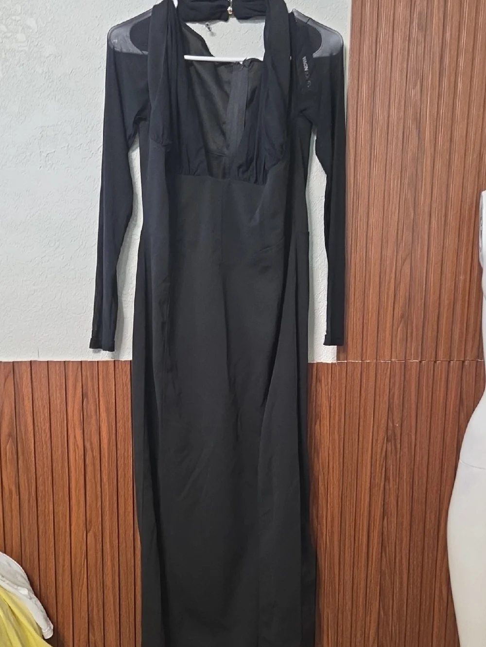 Fashion Nova Black Long Sleeve Maxi Dress with Sheer Shoulders - Picture 3 of 8